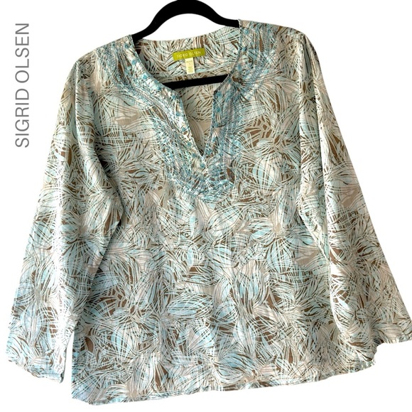 SIGRID OLSEN NWOT COTTON SILK BEADED TUNIC FLORAL LONG SLEEVE | PETITE LARGE - Picture 1 of 11